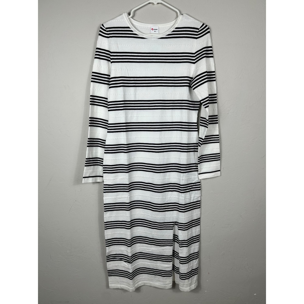 Wiholl Women's Size‎ M White & Black Striped Long Sleeve Midi Dress with Slit